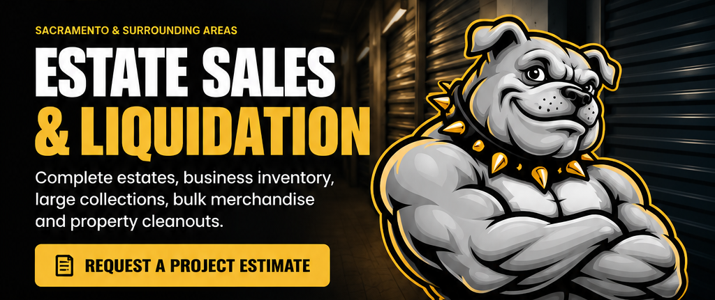 Estate sales and liquidation — original gray bulldog with crossed arms